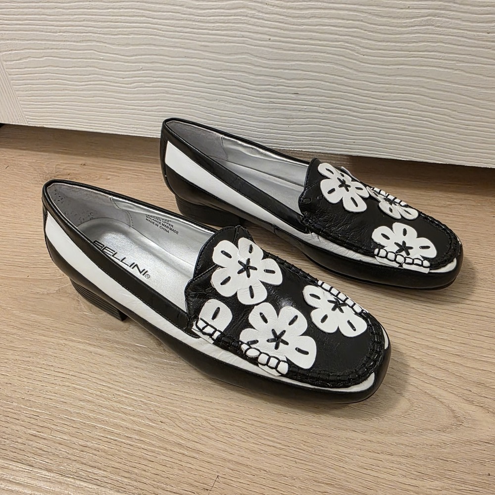 Bellini Black White Leather Flower Sleek Preppy Artsy Adele Loafers Size 7M